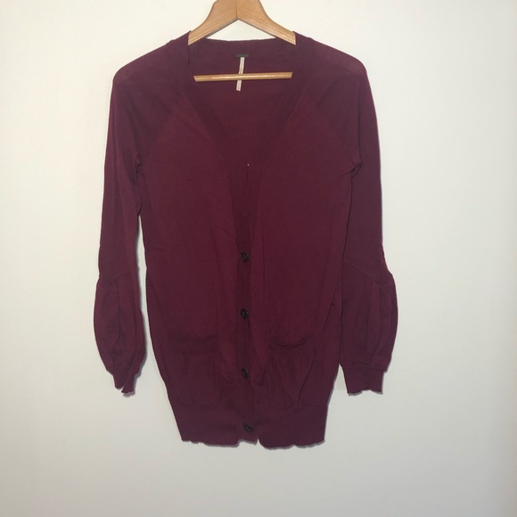 Free People Maroon Bishop Sleeve Cardigan Sweater - Picture 9 of 13